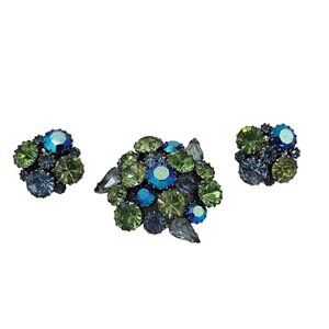 Vintage Rhinestone Brooch Earring Set Green Blue Cluster Costume Unsigned Beauty